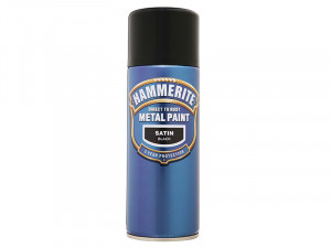 A 400ml tin of Hammerite satin-finish metal paint in black, for protecting and decorating metal surfaces.