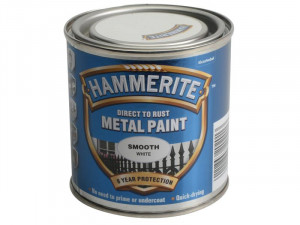 A 250ml tin of Hammerite smooth-finish metal paint in white, for protecting and decorating metal surfaces.