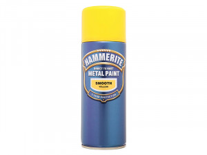 A 400ml tin of Hammerite smooth-finish metal paint in yellow, for protecting and decorating metal surfaces.