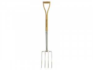 A garden fork with four hardened steel tines and a wooden handle, for breaking up soil and lifting root vegetables.