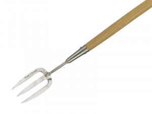 A garden fork with four hardened steel tines and a wooden handle, for breaking up soil and lifting root vegetables.
