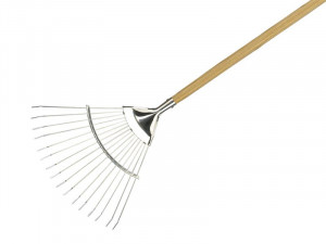 A garden rake with multiple hardened steel tines and a long wooden handle, for levelling soil and clearing debris.