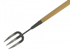 A garden fork with four hardened steel tines and a wooden handle, for breaking up soil and lifting root vegetables.