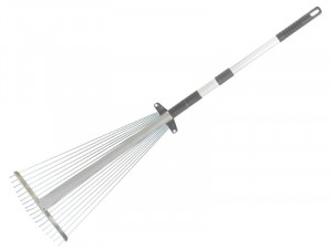 A garden rake with multiple hardened steel tines and a long wooden handle, for levelling soil and clearing debris.
