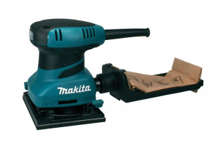 A teal and black Makita corded orbital sander with a 240V motor and a dust extraction bag, for surface preparation and finishing work.