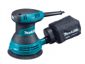 A teal and black Makita corded random-orbit sander with a 240V motor and a dust extraction bag, for surface preparation and finishing work.