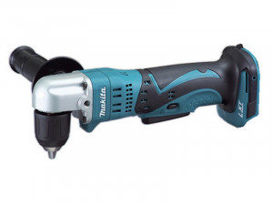 A teal and black Makita cordless right-angle drill with 18V a compact head for drilling in tight spaces between joists and studs.,