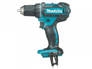 A teal and black Makita cordless drill driver with 18V a keyless chuck and variable-speed trigger, for drilling and screw driving.