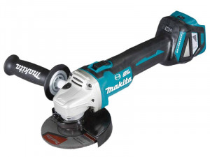 A teal and black Makita cordless angle grinder with a 18V motor, a side handle, and a wheel guard, for grinding, cutting, and surface preparation.