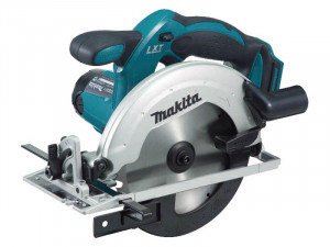 A teal and black Makita cordless circular saw with a 18V motor, an adjustable bevel plate, and a blade guard, for ripping and cross-cutting timber.