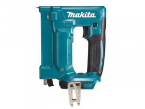 A Makita cordless stapler with a magazine feed and safety tip, for fastening materials using heavy-duty staples.