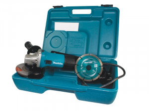 A teal and black Makita corded angle grinder with a 240V motor, a side handle, and a wheel guard, for grinding, cutting, and surface preparation.