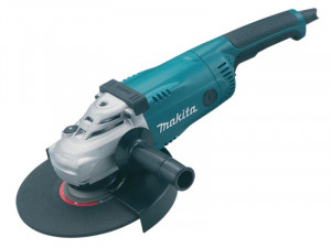 A teal and black Makita corded angle grinder with a 110V motor, a side handle, and a wheel guard, for grinding, cutting, and surface preparation.