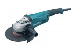 A teal and black Makita corded angle grinder with a 240V motor, a side handle, and a wheel guard, for grinding, cutting, and surface preparation.