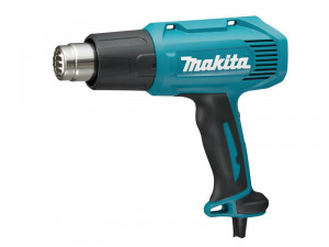 A teal and black Makita heat gun with dual temperature settings and a soft-grip handle, for shrinking, stripping, and bending.