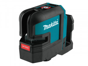 A teal and black Makita self-levelling laser level projecting horizontal and vertical lines, for precision alignment and setting-out work.