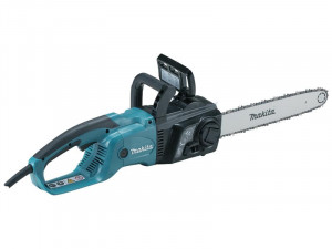 A teal and black Makita cordless chainsaw with a guide bar and automatic chain lubrication, for felling and pruning timber.