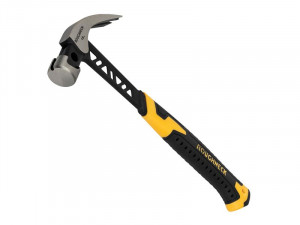 A claw hammer with a steel-handled handle and a polished steel head featuring a straight claw for nail removal and a flat striking face.,