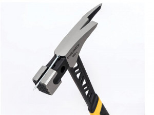 A hammer with a steel head and a steel-handled handle, for general fastening and construction use.