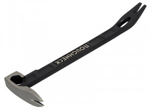 A steel nail-pulling bar with a hardened forked claw at one end, designed for levering out nails and tacks from timber surfaces.