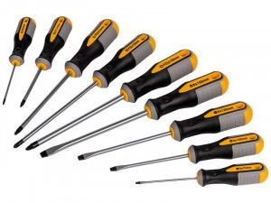A set of 9 Roughneck screwdrivers with colour-coded handles covering a range of flathead and Phillips sizes.,