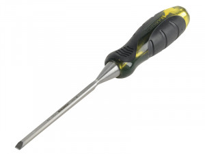 A bevel-edge wood chisel with a hardened steel blade and a polymer or wooden handle, for paring and chopping joints in timber.