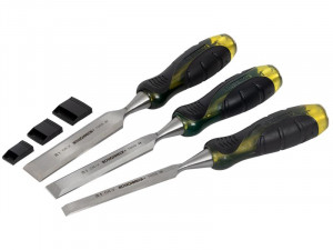 A bevel-edge wood chisel with a hardened steel blade and a polymer or wooden handle, for paring and chopping joints in timber.