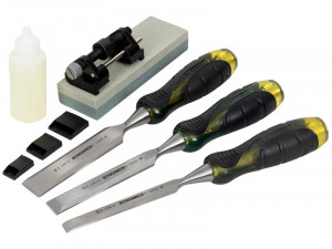 A bevel-edge wood chisel with a hardened steel blade and a polymer or wooden handle, for paring and chopping joints in timber.