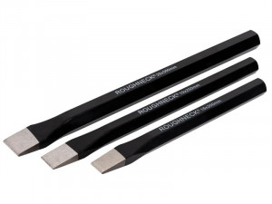A hardened steel 200mm bolster chisel with a wide flat blade, used for cutting masonry, tiles, and breaking out concrete.