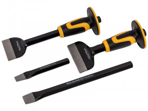 A hardened steel bolster chisel with a wide flat blade, used for cutting masonry, tiles, and breaking out concrete.