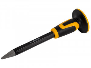 A hardened steel chisel with a bevelled cutting edge and a square-section body, for cutting stone, brick, or timber.