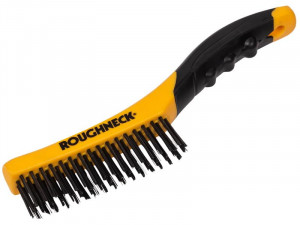 A wire brush with steel or brass bristle rows in a wooden or plastic handle, for removing rust, scale, and surface contaminants from metal.