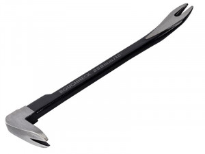 A steel nail-pulling bar with a hardened forked claw at one end, designed for levering out nails and tacks from timber surfaces.