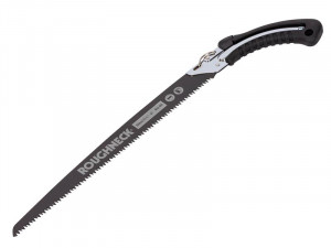 A pruning saw with a curved, hardened blade and an ergonomic handle, for cutting green timber, branches, and shrubs.