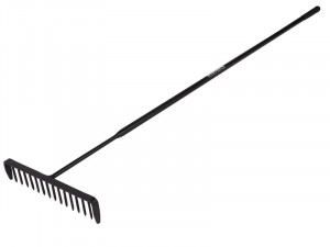 A Roughneck garden rake with multiple hardened steel tines and a long wooden handle, for levelling soil and clearing debris.