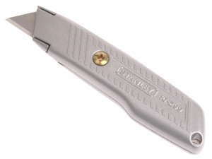 A retractable utility knife with a rubberised or plastic body, a locking mechanism, and replaceable snap-off blade segments.