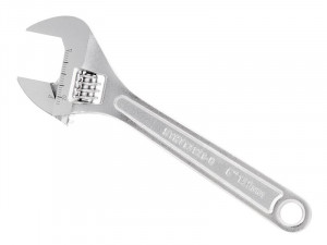 A Stanley adjustable spanner with a smooth-jaw jaw opening controlled by a worm-gear wheel, suitable for a range of nut sizes.