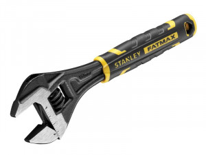 A Stanley adjustable spanner with a smooth-jaw jaw opening controlled by a worm-gear wheel, suitable for a range of nut sizes.