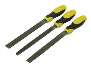 A Stanley needle file with a hardened steel abrasive surface and a turned wooden or synthetic handle, for shaping and deburring metal.
