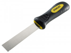 A hardened steel chisel with a bevelled cutting edge and a square-section body, for cutting stone, brick, or timber.