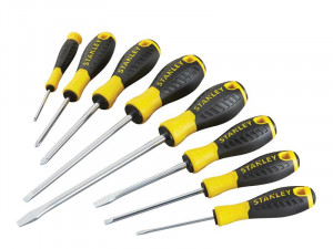 A set of 8 Stanley screwdrivers with colour-coded handles covering a range of flathead and Phillips sizes.,