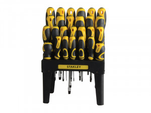 A set of 26 Stanley screwdrivers with colour-coded handles covering a range of flathead and Phillips sizes.,