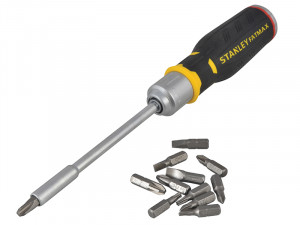 A Stanley ratchet screwdriver with a reversible mechanism and interchangeable bit storage, for faster one-handed screw driving.