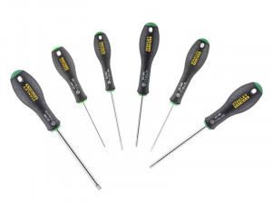 A set of 6 Stanley screwdrivers with colour-coded handles covering a range of flathead and Phillips sizes.,