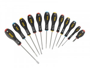 A set of 12 Stanley screwdrivers with colour-coded handles covering a range of flathead and Phillips sizes.,
