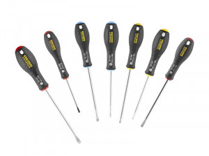 A set of 7 Stanley screwdrivers with colour-coded handles covering a range of flathead and Phillips sizes.,