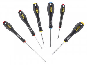 A set of 6 Stanley screwdrivers with colour-coded handles covering a range of flathead and Phillips sizes.,