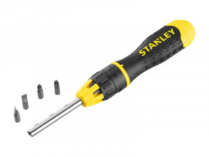A Stanley ratchet screwdriver with a reversible mechanism and interchangeable bit storage, for faster one-handed screw driving.
