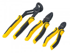 A pair of Stanley pliers with hardened steel jaws and insulated handles, for gripping and bending work.