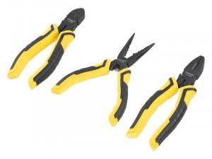A pair of Stanley pliers with hardened steel jaws and insulated handles, for gripping and bending work.